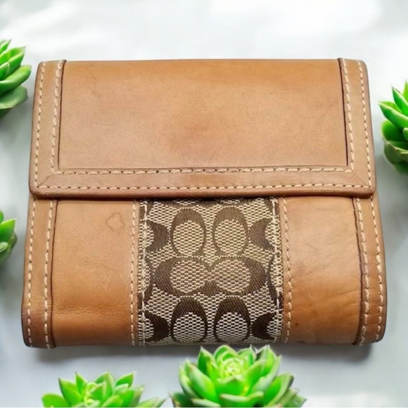 Coach Ergo Brown Signature & Leather Stripe Bifold French Wallet 41075 - Picture 2 of 5